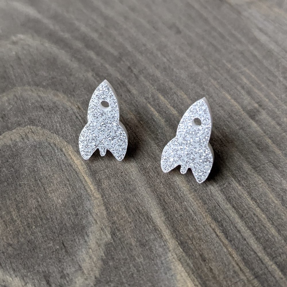 Sparkly Acrylic Rocketship Stud Earrings with Silver Glitter